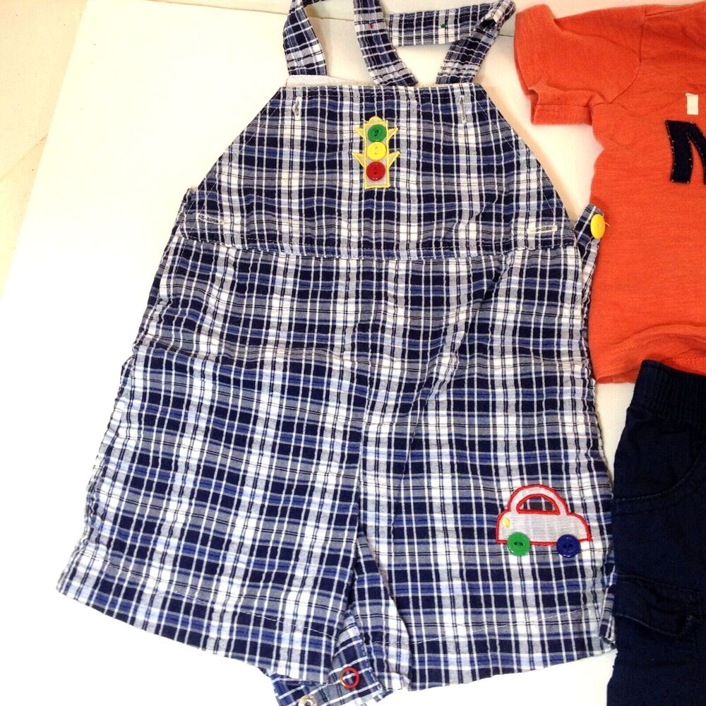 Baby Boys 12 Month Clothes Lot Of 3 Overalls Tee shirt & Shorts Clean - Picture 2 of 8